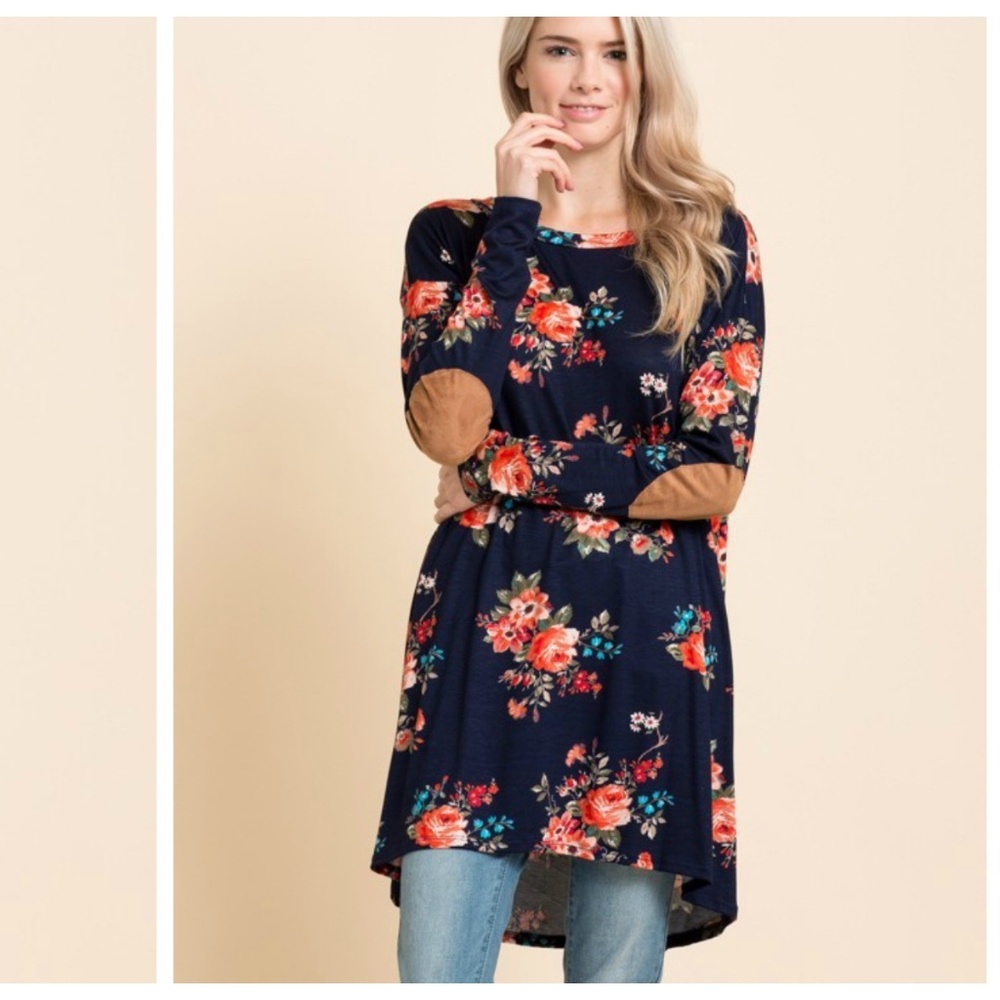 Blue Floral Elbow patch Tunic
